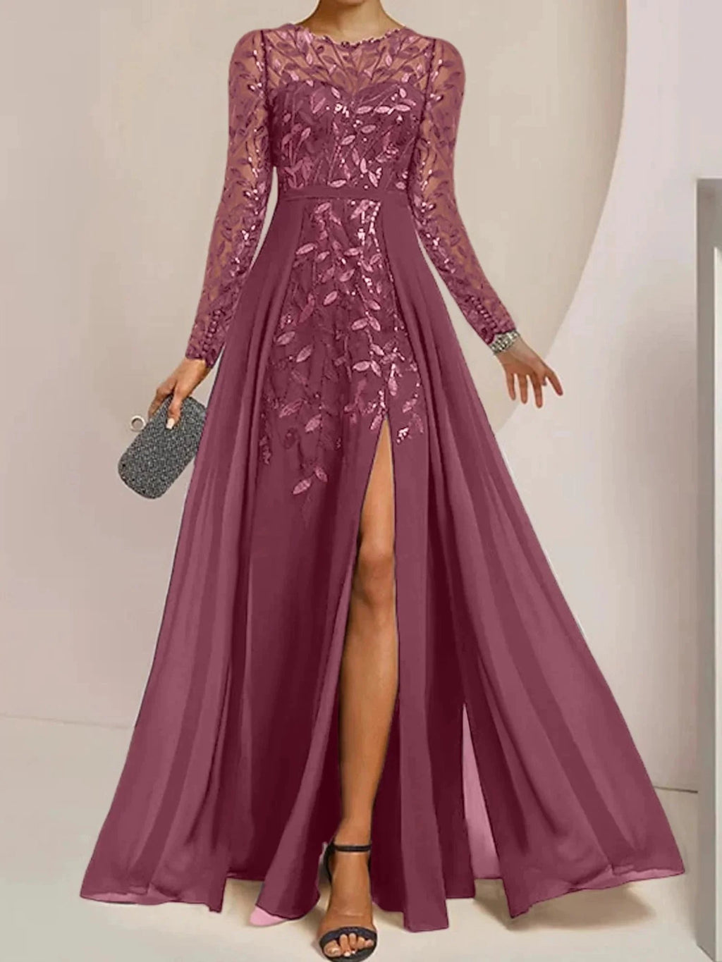 A-Line/Princess Scoop Floor-Length Mother of the Bride Dresses with Split Side Ruffles Sequins by Dreamylily