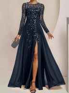 A-Line/Princess Scoop Floor-Length Mother of the Bride Dresses with Split Side Ruffles Sequins by Dreamylily
