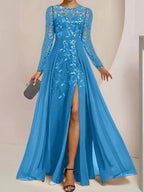 A-Line/Princess Scoop Floor-Length Mother of the Bride Dresses with Split Side Ruffles Sequins by Dreamylily