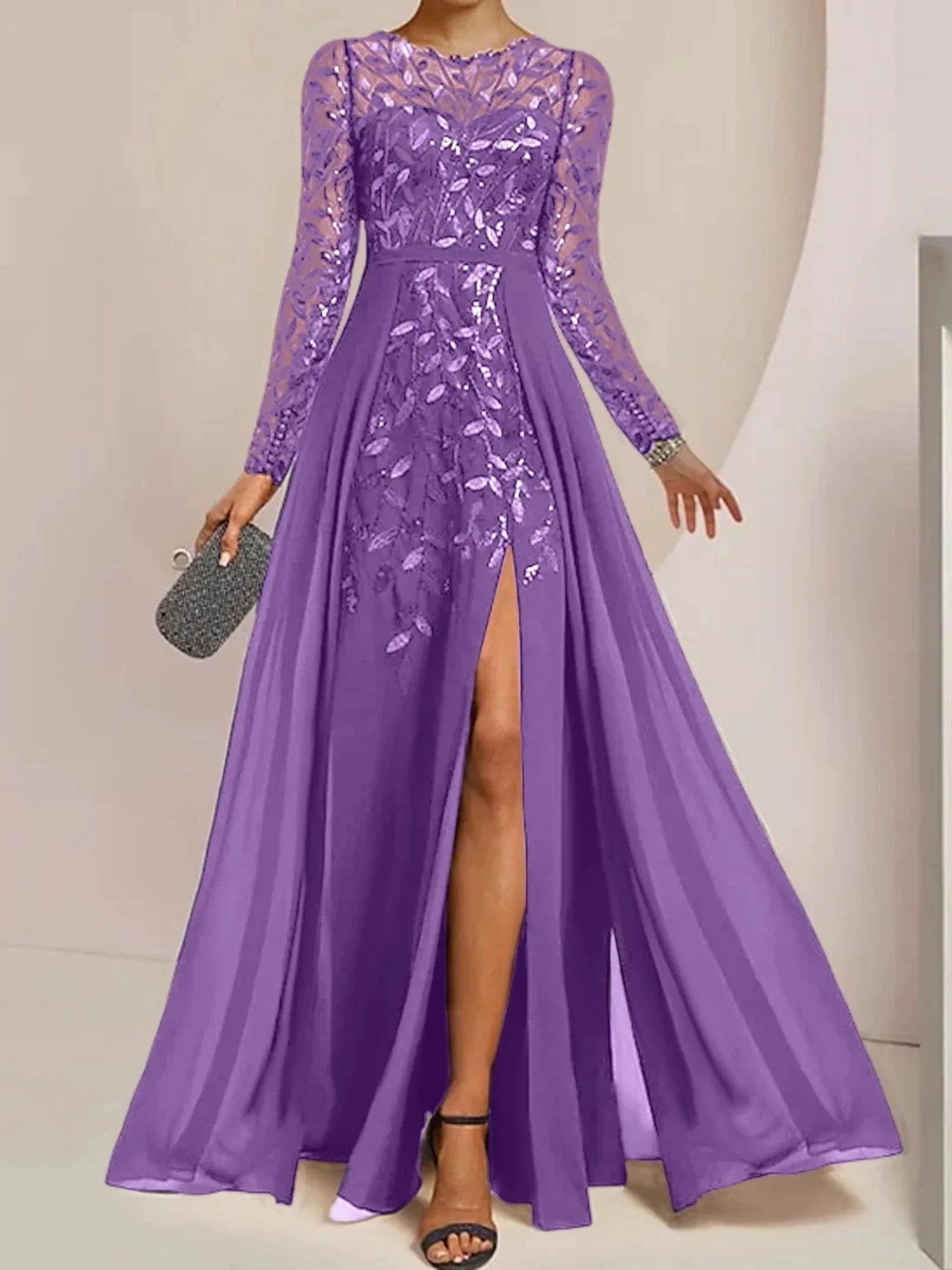 A-Line/Princess Scoop Floor-Length Mother of the Bride Dresses with Split Side Ruffles Sequins by Dreamylily
