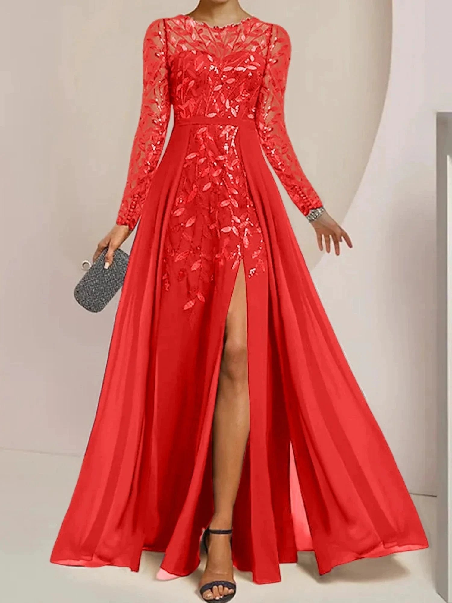 A-Line/Princess Scoop Floor-Length Mother of the Bride Dresses with Split Side Ruffles Sequins by Dreamylily