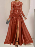 A-Line/Princess Scoop Floor-Length Mother of the Bride Dresses with Split Side Ruffles Sequins by Dreamylily