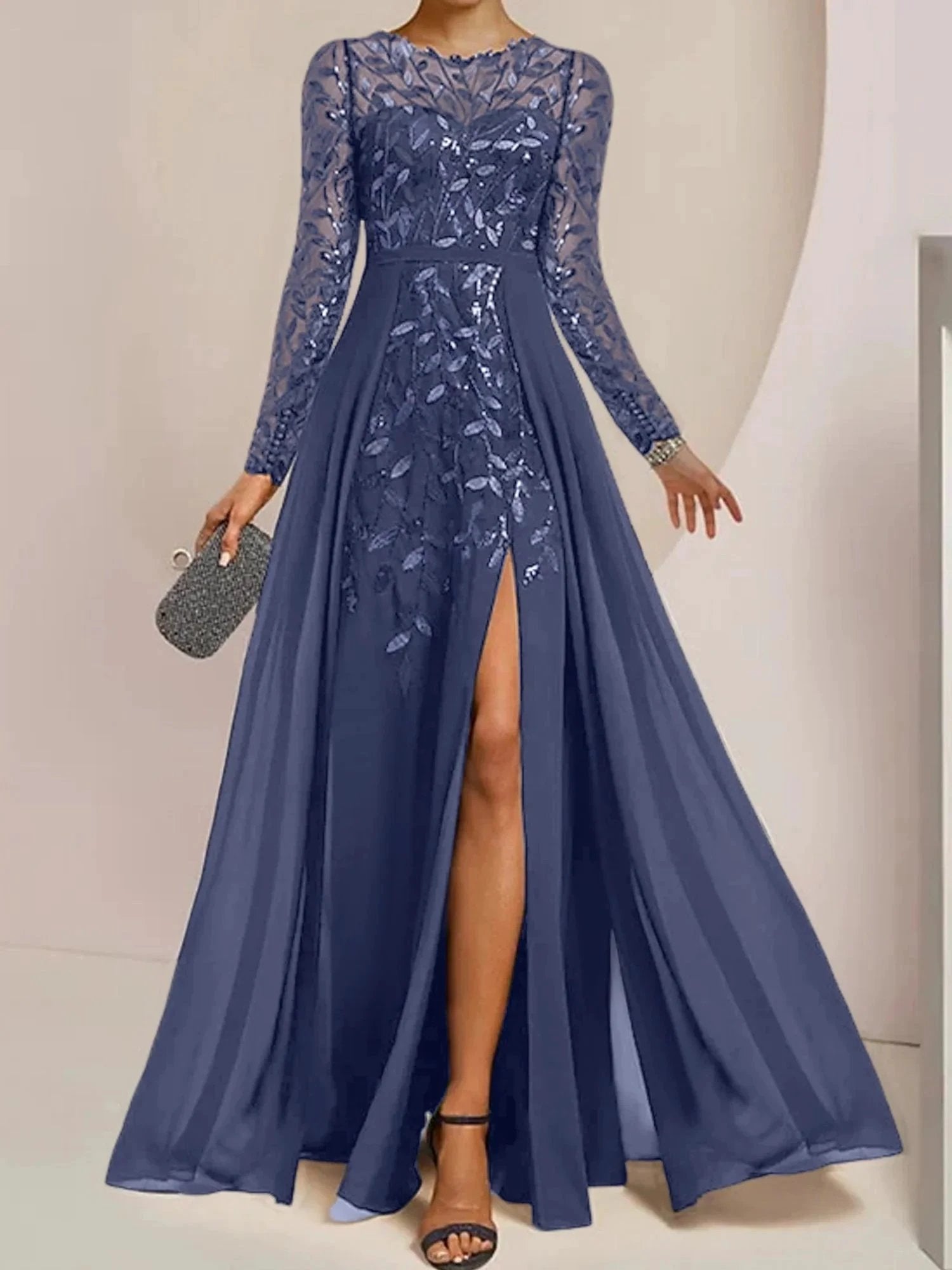 A-Line/Princess Scoop Floor-Length Mother of the Bride Dresses with Split Side Ruffles Sequins by Dreamylily