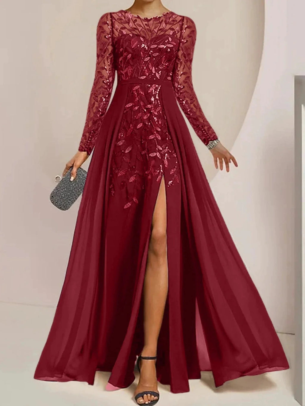 A-Line/Princess Scoop Floor-Length Mother of the Bride Dresses with Split Side Ruffles Sequins by Dreamylily