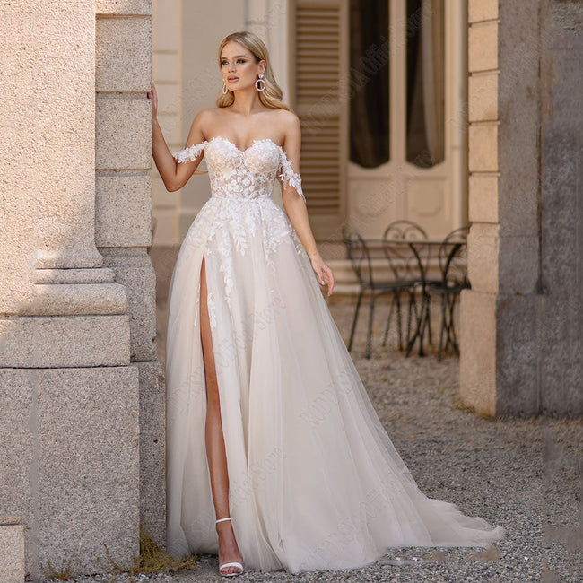 Light Champagne Pastrol Wedding Dresses Off Shoulder Sweetheart Bride Gowns Side Split A-Line Tulle Vestido De Novia Main Image