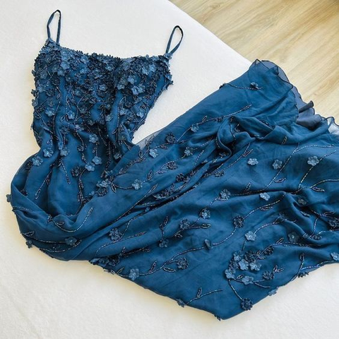 Vestido de fiesta vintage azul marino con tirantes finos y apliques, estilo sirena, para cumpleaños y noche, Y7456