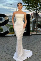 Strapless Sleeveless White Long Mermaid Prom Dress with Sequins by BIZTUNNEL