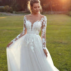 Pastrol Wedding Dresses For Woman Long Sleeves Illusion Back Scoop Bride Gowns Applique A-Line Tulle vestidos de novia by payinti