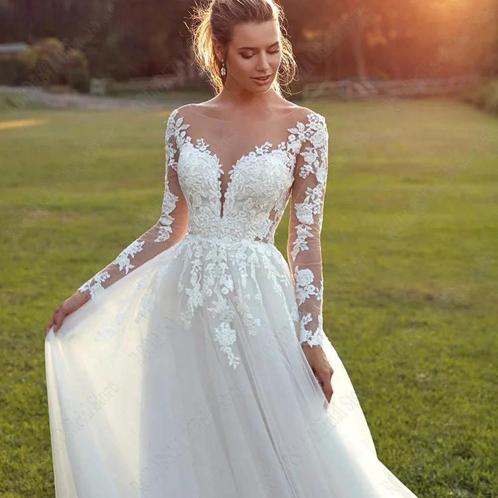 Pastrol Wedding Dresses For Woman Long Sleeves Illusion Back Scoop Bride Gowns Applique A-Line Tulle vestidos de novia by payinti