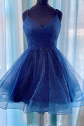 Sparkly A-line V-neck Short Prom Dresses Navy Blue Homecoming Dresses by Ombreprom