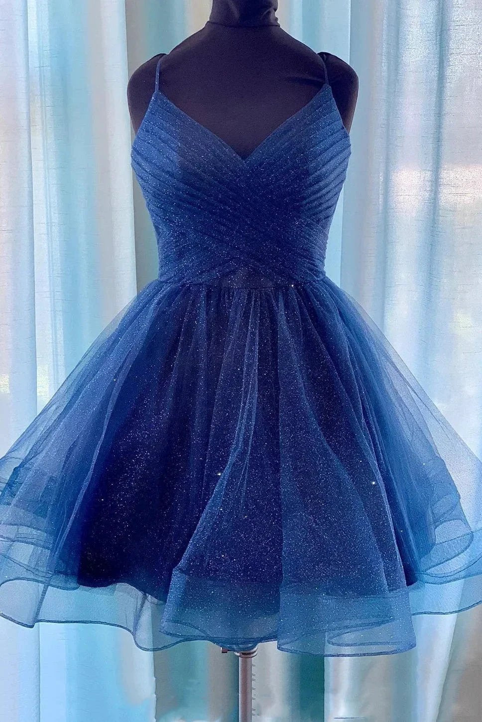 Sparkly A-line V-neck Short Prom Dresses Navy Blue Homecoming Dresses by Ombreprom