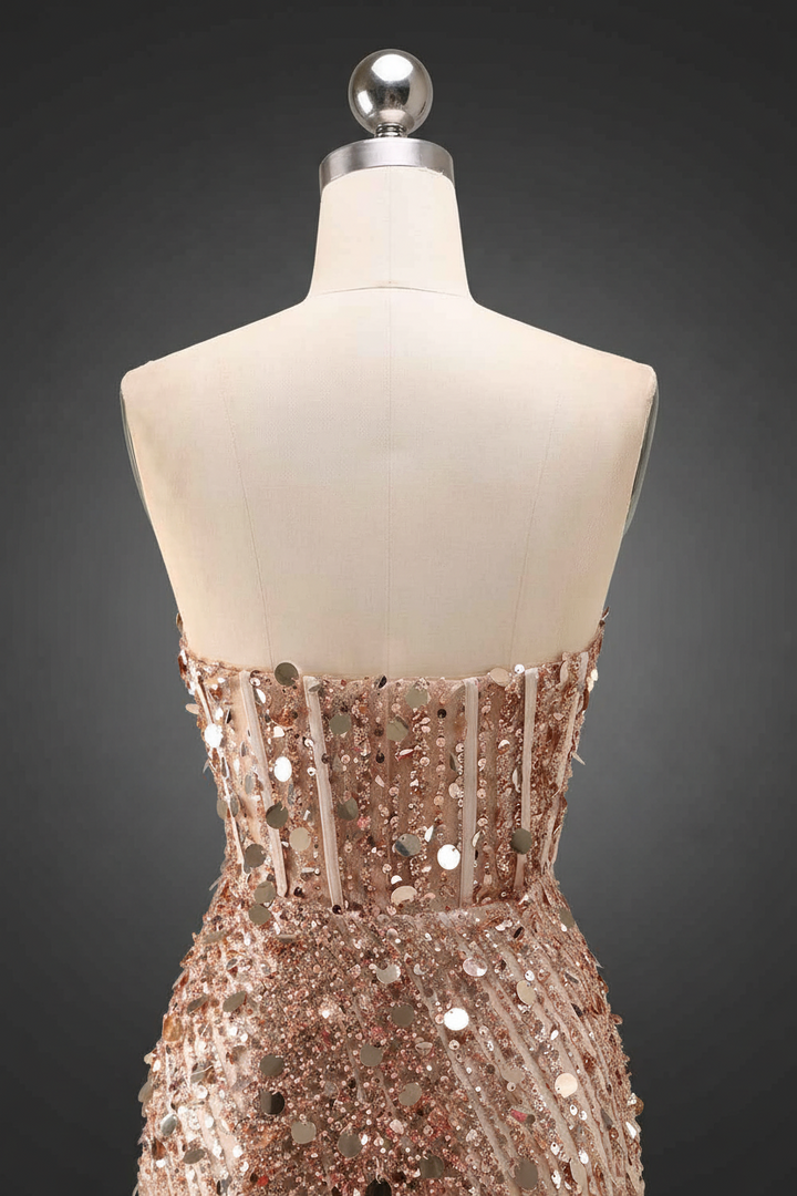Sparkly Gold Fully Beaded Prom Dress with Deep V Neck Slit and Open Back