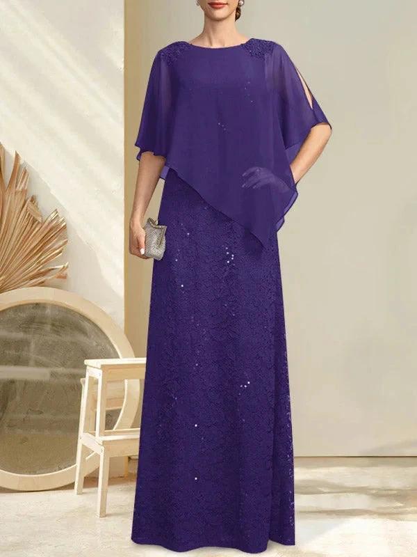 Sheath/Column Scoop Floor-Length Chiffon Lace Mother of the Bride Dress With Sequins Beading by Dreamylily