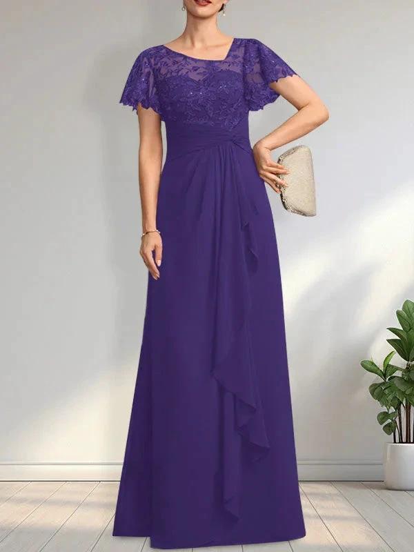 A-line Asymmetrical Illusion Floor-Length Lace Chiffon Mother of the Bride Dress With Cascading Ruffles Sequins by Dreamylily