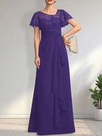 A-line Asymmetrical Illusion Floor-Length Lace Chiffon Mother of the Bride Dress With Cascading Ruffles Sequins by Dreamylily