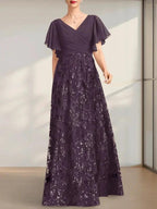 A-line V-Neck Floor-Length Lace Sequin Chiffon Mother of the Bride Dress With Pleated by Dreamylily