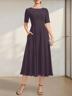 A-line Scoop Tea-Length Chiffon Mother of the Bride Dress With Appliques Lace Sequins by Dreamylily