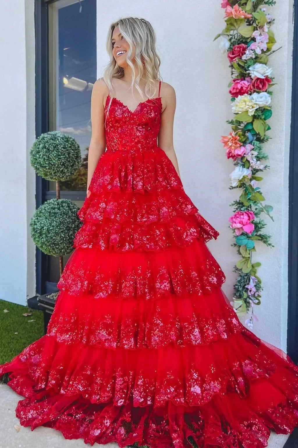 Maryam |A Line Spaghetti Straps Tiered Lace Prom Dress by KissProm
