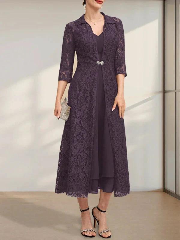 A-line V-Neck Tea-Length Chiffon Mother of the Bride Dress by Dreamylily