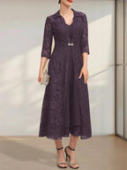 A-line V-Neck Tea-Length Chiffon Mother of the Bride Dress by Dreamylily