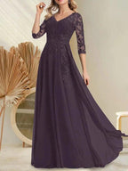 A-line V-Neck Floor-Length Lace Chiffon Mother of the Bride Dress With Sequins by Dreamylily