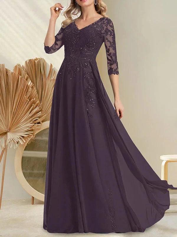 A-line V-Neck Floor-Length Lace Chiffon Mother of the Bride Dress With Sequins by Dreamylily