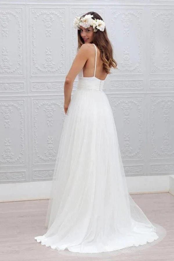 Simple V-neck Floor-Length Wedding Dress With Ruched Sash WD054 by pgmdress