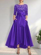 A-line Scoop Illusion Asymmetrical Satin Lace Mother of the Bride Dress With Bow by Dreamylily