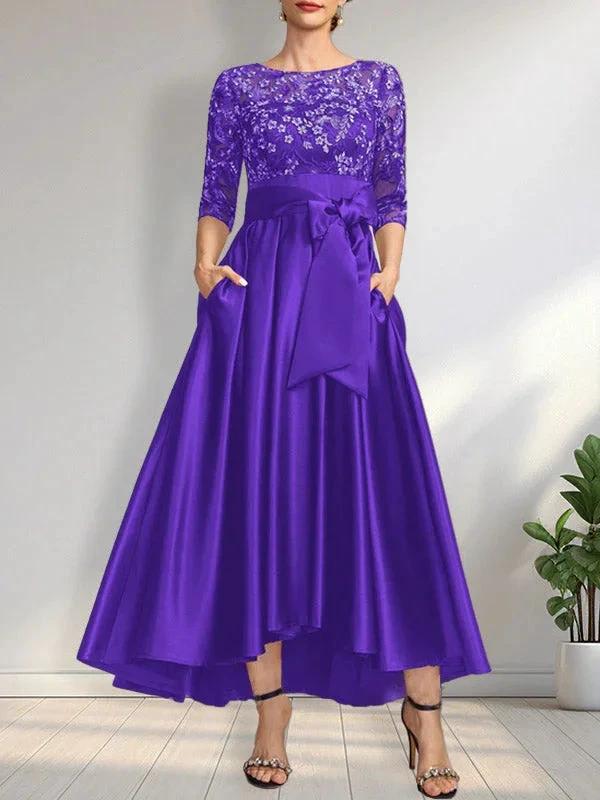 A-line Scoop Illusion Asymmetrical Satin Lace Mother of the Bride Dress With Bow by Dreamylily