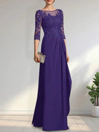 A-line Scoop Illusion Floor-Length Chiffon Lace Mother of the Bride Dress With Beading Sequins Cascading Ruffles by Dreamylily