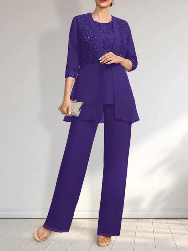 Jumpsuit/Pantsuit Separates Scoop Floor-Length Chiffon Lace Mother of the Bride Dress With Sequins by Dreamylily