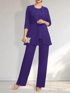 Jumpsuit/Pantsuit Separates Scoop Floor-Length Chiffon Lace Mother of the Bride Dress With Sequins by Dreamylily