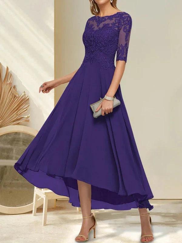 A-line Boat Neck Illusion Asymmetrical Chiffon Lace Mother of the Bride Dress With Sequins Beading by Dreamylily
