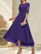 A-line Boat Neck Illusion Asymmetrical Chiffon Lace Mother of the Bride Dress With Sequins Beading by Dreamylily