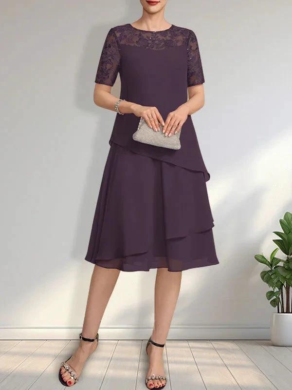 A-line Scoop Illusion Knee-Length Lace Chiffon Mother of the Bride Dress With Sequins by Dreamylily