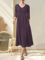 A-line V-Neck Tea-Length Chiffon Lace Mother of the Bride Dress With Beading by Dreamylily