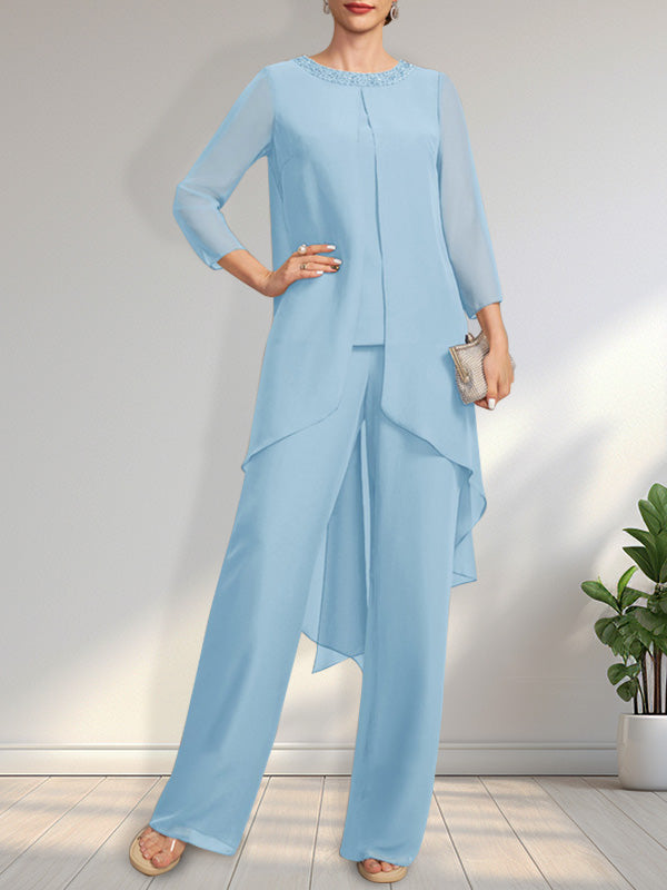 Separates Jumpsuit/Pantsuit Scoop Floor-Length Chiffon Mother of the Bride Dress With Sequins Beading