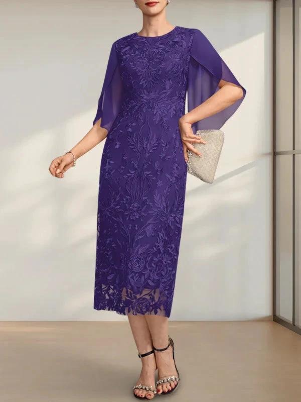 Sheath/Column Scoop Tea-Length Lace Chiffon Mother of the Bride Dress by Dreamylily