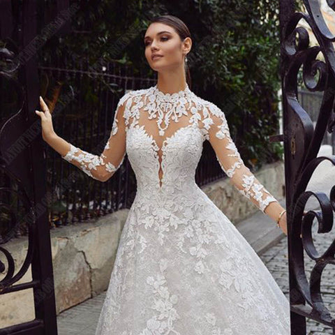 Wedding Dresses For Bride Long Sleeves Luxury Lace Backless High Neck Bridal Gown Appliques Vestidos De Boda