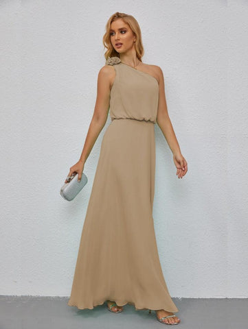 Ruffled One Shoulder Sleeveless Long Bridesmaid Dresses A-line Formal Evening Gown Side Split 28080
