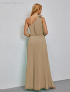 Ruffled One Shoulder Sleeveless Long Bridesmaid Dresses A-line Formal Evening Gown Side Split 28080 by numbersea