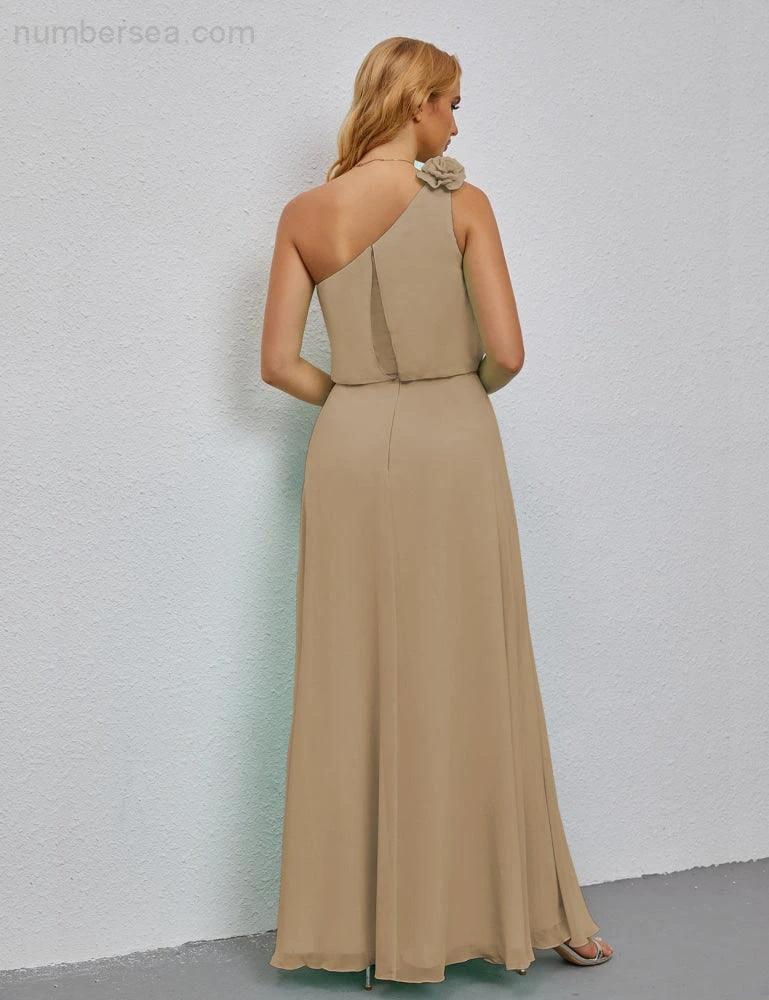 Ruffled One Shoulder Sleeveless Long Bridesmaid Dresses A-line Formal Evening Gown Side Split 28080 by numbersea