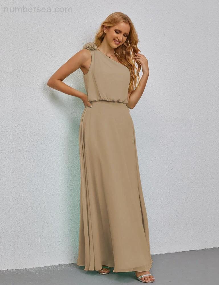 Ruffled One Shoulder Sleeveless Long Bridesmaid Dresses A-line Formal Evening Gown Side Split 28080 by numbersea