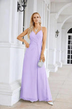 Ladies Chiffon Spaghetti Strap V Neck Front Slit Floor Length Bridesmaid Evening Dress Prom Party Wedding Evening Dress 28116 by numbersea