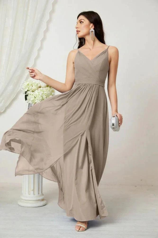 Vestido de dama de honor de gasa con escote en V y tirantes finos, largo, formal, para fiesta de graduación y con abertura, Numbersea 28010 