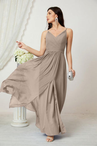 Numbersea Chiffon V-Neck Bridesmaid Dress Spaghetti Strap Long Formal Party Prom Gowns with Slit 28010