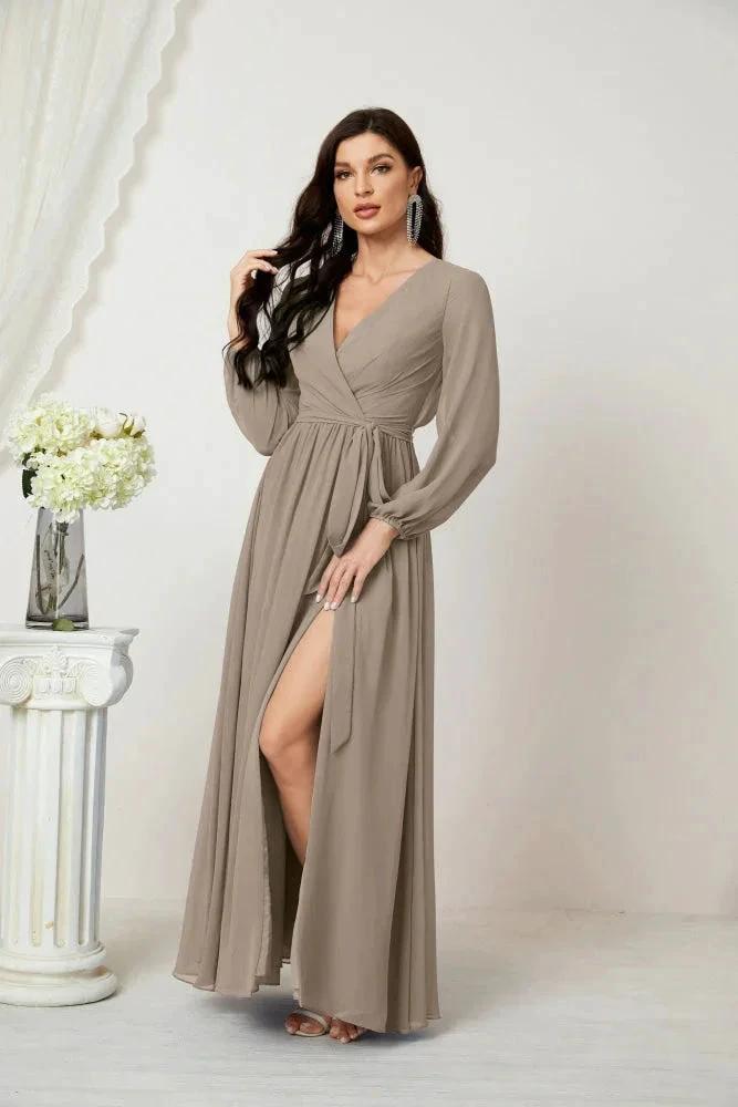 Sunnderly Evening Dresses Deep V-Neck Chiffon Bridesmaid Dresses Long Bishop Sleeve Side Split Formal Dress SY2806 by numbersea