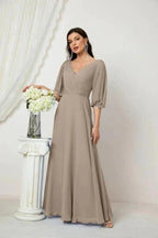 Numbersea Formal Prom Gown Women V-Neck Chiffon Bridesmaid Dresses Long Bishop Sleeve Party Dress 2807 by numbersea