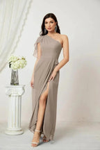 Numbersea Chiffon Ruffled One Shoulder Long Bridesmaid Dresses A-line Formal Evening Gown Side Split 2809 by numbersea
