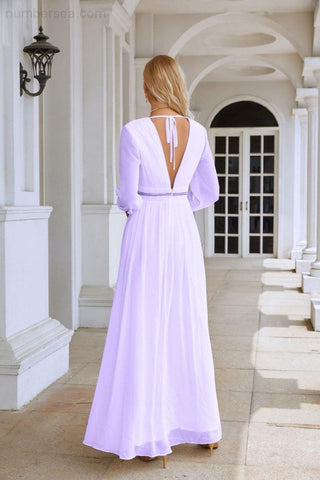 Ladies V Neck Chiffon Long Sleeve Front Slit Bridesmaid Evening Dress Wedding Party Shopping Evening Dress 28109